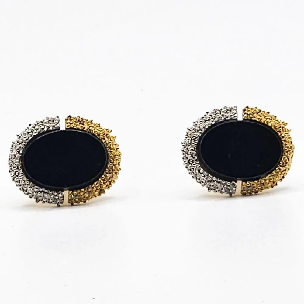 Vintage Cufflinks DANTE Cuff Links Black Onyx Stone Silver & Gold Two Tone Oval
